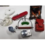 TRAY OF MISCELLANEOUS INCLUDES SWISS KNIFE, GUITAR CAP, CRYSTAL SWAN, GOWLLANDS LOUPE AND ACTINO