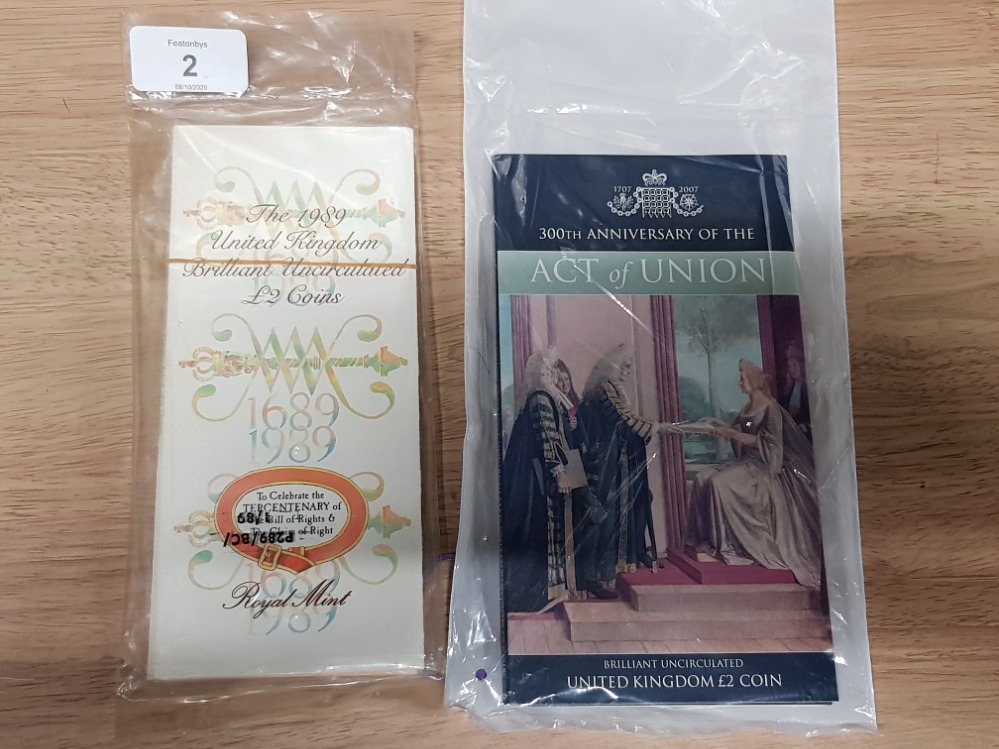 2 B.UNC ROYALMINT PACKS, 2 POUND 1989 THE MACE AND 2 POUND 2007 ACT OF UNION BOTH STILL SEALED