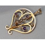 FANCY 9CT GOLD AMETHYST AND SEED PEARL PENDANT 2.4G