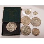 7 COINS INCLUDING TWO 1960 CROWNS BU AND UNC PLUS A 1993 5 POUND CROWN AND 1947 ENGLISH SHILLING