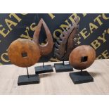 4 MOUNTED HAND CARVED WOODEN ORNAMENTS, ELEMENTS FLAME AND WATER DROPLET ETC