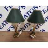 A PAIR OF BRASS TABLE LAMPS WITH GREEN SHADES 43CM HIGH