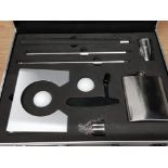 HARDCASE CONTAINING OFFICE GOLF PUTTING SET WITH HIP FLASK AND SHOT GLASSES