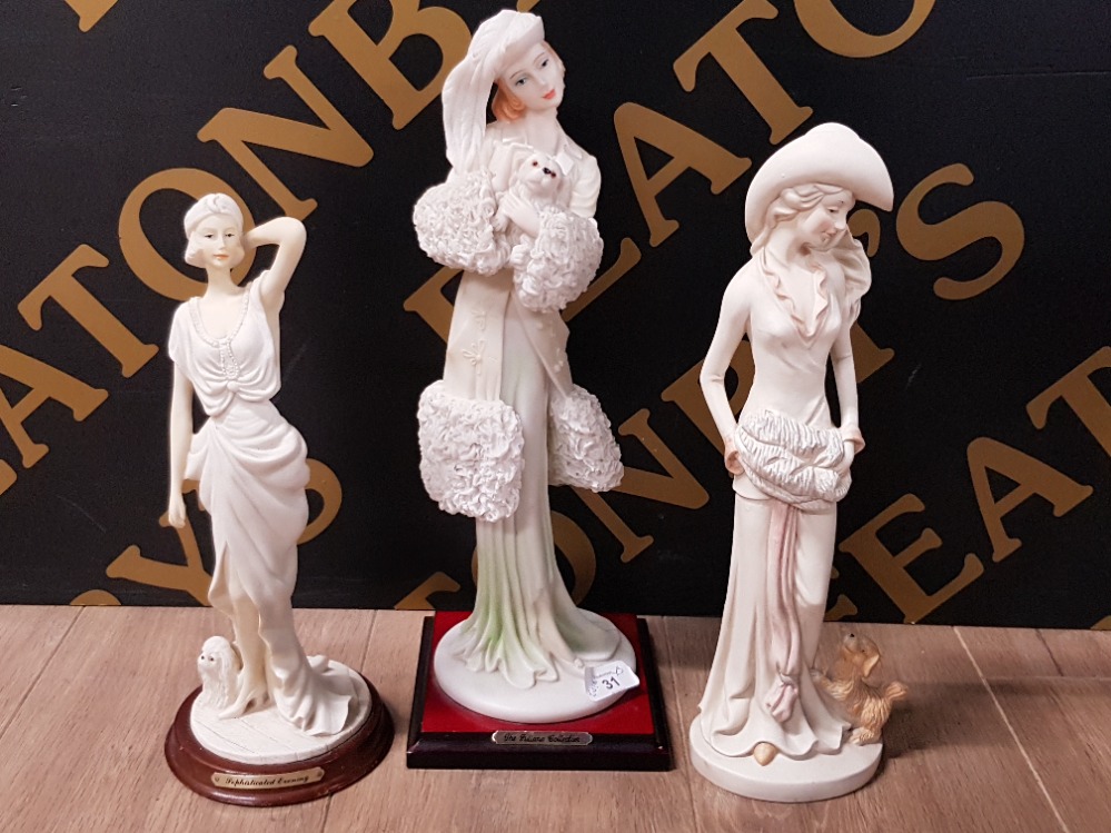 3 ART NOUVEAU FIGURINES OF LADIES WITH LAP DOGS