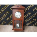 EDWARDIAN MAHOGANY WALL CLOCK WITH KEY AND PENDULUM