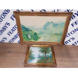 AN OIL PAINTING LAKE SCENE 39.5 X 49.5CM TOGETHER WITH A LARGE PRINT AFTER ALFRED DE BREANSKI