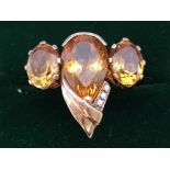 LARGE PEAR AND OVAL CUT CITRINE RING WITH DIAMONDS SET IN 9CT GOLD, SIZE O 6.8G