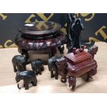 ORIENTAL ROSEWOOD FLOOR VASE STAND, LIDDED DRAGON CONTAINER, CARVED EBONY ELEPHANTS