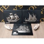 3 TALL SHIP WALL PLAQUES TOGETHER WITH TWO HAND PAINTED MODEL USA BOATS
