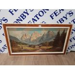 A CONTINENTAL OIL PAINTING MOUNTAINOUS LANDSCAPE WITH CHALET INDISTINCTLY SIGNED 49 X 98CM