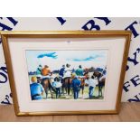 A COLOUR PRINT OF RACE HORSES AND JOCKEYS (NEEDS GLAZING) 31 X 43CM