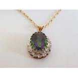 9CT YELLOW GOLD OVAL MULTICOLOUR STONE PENDANT AND CHAIN 6.3 G