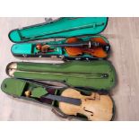 TWO VIOLINS AND BOWS ONE NEEDING RESTORATION