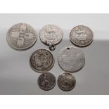 7 COINS. PURE SILVER COINAGE PRE 1860, FOUR PENCE 1840, 1843 SHILLINGS 1711, 1819, 1926 X2 AND