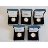 5 ROYAL MINT UK 1 POUND SILVER PROOF COINS FROM 1993 TO 1997 ALL IN ORIGINAL CASES WITH