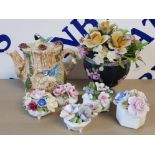 LEONARDO NOVELTY TEAPOT TOGETHER WITH 5 MINIATURE FLOWER POSIES MAKERS INCLUDE AYNSLEY AND ROYAL