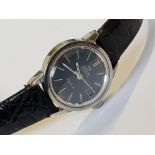 LADIES OMEGA GENEVE AUTOMATIC BLUE DIAL CALENDAR WRISTWATCH WITH BLACK LEATHER STRAP, IN FULL