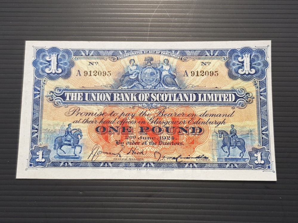 UNION BANK OF SCOTLAND 1 POUND BANKNOTE DATED 2-6-1924, SMALL SIZE NOTE PRESSED VF