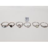 SIX SILVER RINGS OF VARIOUS DESIGNS ONE ANTIQUE ALL STAMPED 925 SIZES M TO T+ 14.9G GROSS