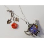 SILVER AND CORAL ROSE PENDANT TOGETHER WITH SILVER MOUNTED MURANO TEAPOT PENDANT ON SILVER CHAIN,