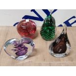 4 ASSTD GLASS PAPERWEIGHTS INCL TEARDROP PEAR APPLE AND HEART