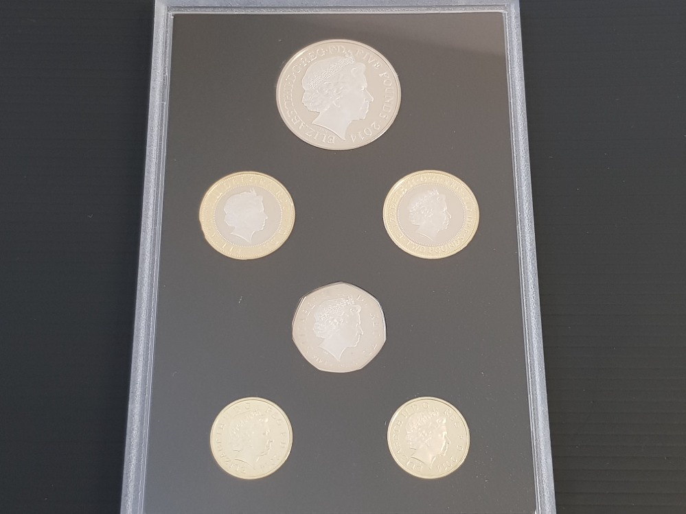 UK ROYAL MINT 2014 COMMEMORATIVE PROOF SET OF 7 COINS IN ORIGINAL CASE WITH CERTIFICATE OF - Image 3 of 3