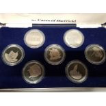 7 THE SHEFFIELD COIN COLLECTION CROWN SIZE COINS IN ORIGINAL FITTED BOX