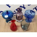 5 PIECES OF COLOURED ART GLASS INC SCANDINAVIAN AND WHITE FRIARS