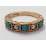 9CT YELLOW GOLD TURQUOISE AND PEARL 5 STONE RING, 2.7G SIZE O1/2