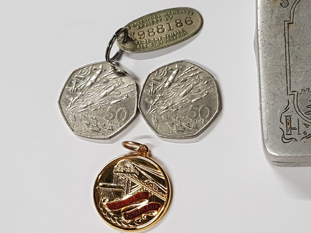 TWO D-DAY 50P COMMEMORATIVE COINS AND WWII TRENCH ART CIGARETTE CASE PLUS A MINING MEDALLION AND - Image 2 of 3