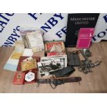 COLLECTABLES TO INCLUDE A BOY SCOUT LEATHER AND METAL BELT A MINCER WITH FITTINGS ORDNANCE SURVEY