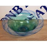 ROBIN SMITH AND JEFF WALKER LARGE FLARED STUDIO GLASS BOWL, IN TEAL AND BLUE, OF DAPPLED AND SWIRL
