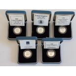 5 ROYAL MINT UK 1 POUND SILVER PROOF COINS FROM 1988 TO 1992 ALL IN ORIGINAL CASES WITH