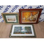 A 20TH CENTURY CONTINENTAL OIL PAINTING OF A HARBOUR 40 X 50CM A WOOLWORK TAPESTRY OF A FOREST