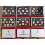 6 ROYAL MINT UK PROOF COIN YEAR SETS 1985 TO 1990 COMPLETE IN ORIGINAL DELUXE CASES OF ISSUE WITH