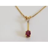 18CT YELLOW GOLD RUBY AND DIAMOND DROP PENDANT AND CHAIN 4.1 G