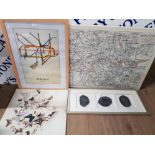 COLOUR PRINTS TO INCLUDE A MAP OF LONDON THE TATE GALLERY BY TUBE AND FRAMED TRIPTYCH PIECE