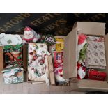 A LARGE BOX OF CHRISTMAS DECORTIONS INC BAUBLES, BELLS, SANTA TEDDY AND A JAMES KENT STAFFORDSHIRE
