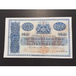 THE BRITISH LINEN BANK 5 POUNDS BANKNOTE, DATED 20-6-1933, PRESSED ABOUT VF AND SCARCE
