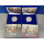 2 ROYAL MINT 2005 5 POUND SILVER PROOF COINS, TRAFALGAR AND NELSON BOTH IN ORIGINAL CASES OF ISSUE
