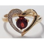 9CT YELLOW GOLD GARNET AND DIAMOND HEART RING, 1.8G SIZE P