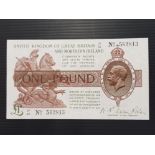 GREAT BRITAIN WARREN FISHER 1 POUND BANKNOTE, ISSUED 1927 CONTROL NOTE, PRESSED VF BUT LOOKS BETTER,