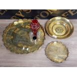 TWO CIRCULAR BRASS TRAYS AND A BRASS WALL PLAQUE ALL NICELY ETCHED TOGETHER WITH GLASS AND SILVER