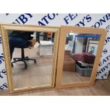 TWO MODERN WALL MIRRORS ONE GOLD AND CREAM COLOURED AND THE OTHER OAK EFFECT 89 X 63CM AND 91 X