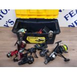 STANLEY WORK BOX CONTAINING 9 FISHING REELS AND OTHER FISHING EQUIPMENT HEAD LAMP, SPOOLS OF LINE