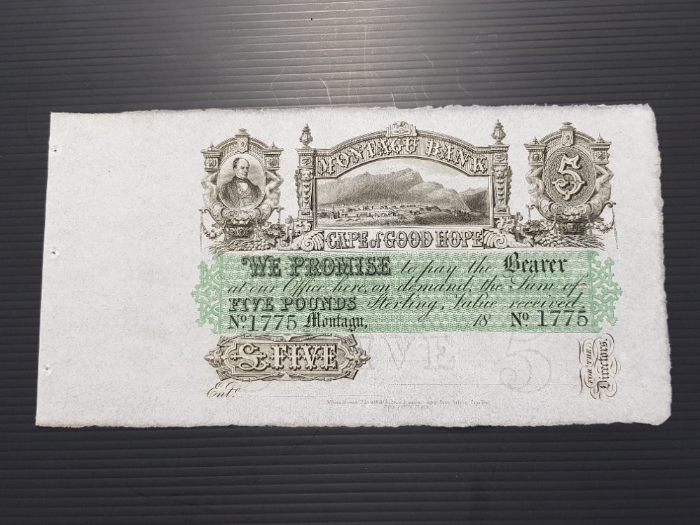 SOUTH AFRICA MONTAGU BANK 5 POUNDS BANKNOTE, UNISSUED REMAINDER, USUAL 3 STAPLE HOLES LEFT EDGE,