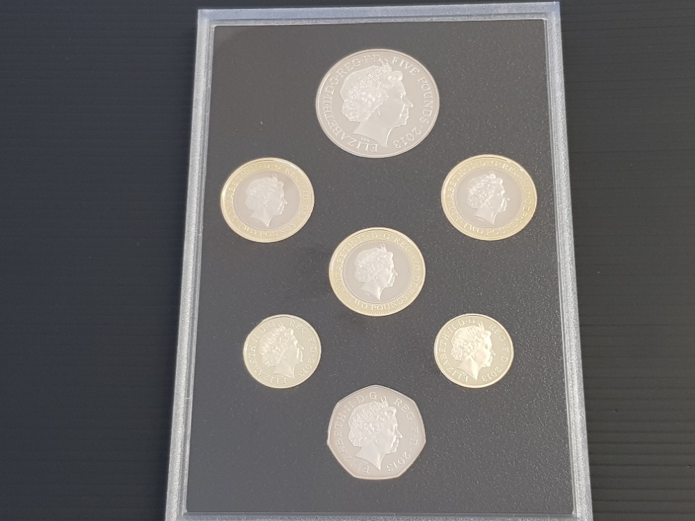 UK ROYAL MINT 2013 COMMEMORATIVE PROOF SET OF 7 COINS IN ORIGINAL CASE WITH CERTIFICATE OF - Image 3 of 3