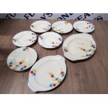 6 HAND PAINTED FLORAL NEWHALL SOUP PLATES AND TWO GRADUATED MATCHING SERVING DISHES