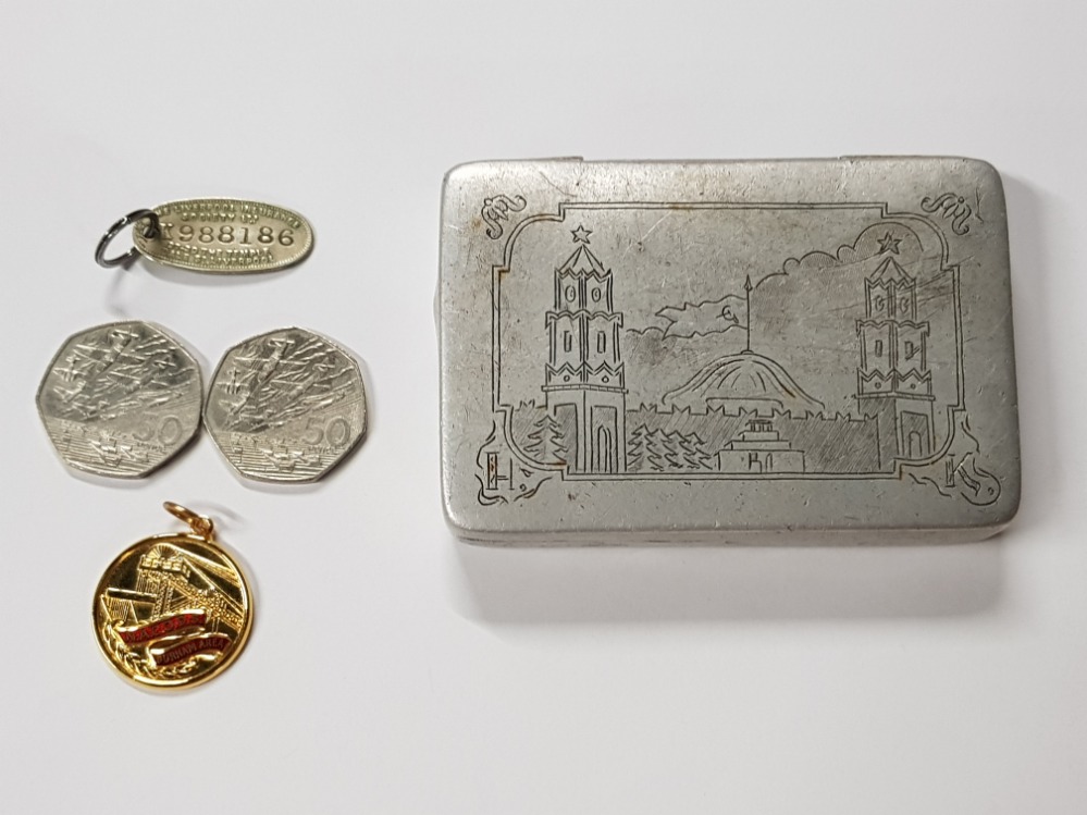 TWO D-DAY 50P COMMEMORATIVE COINS AND WWII TRENCH ART CIGARETTE CASE PLUS A MINING MEDALLION AND