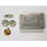 TWO D-DAY 50P COMMEMORATIVE COINS AND WWII TRENCH ART CIGARETTE CASE PLUS A MINING MEDALLION AND
